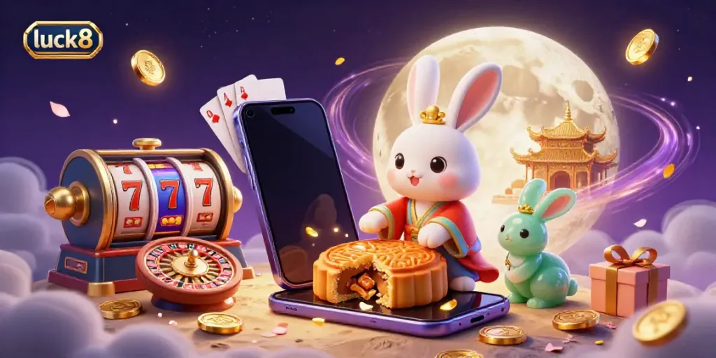 Experience thrilling moments with luck8 through an engaging casino-themed illustration featuring a traditional moon rabbit.