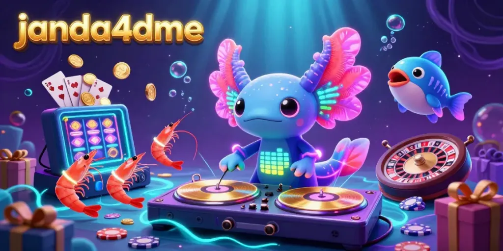Permainan slot janda4dme menampilkan DJ axolotl neon beraksi di panggung bawah laut.