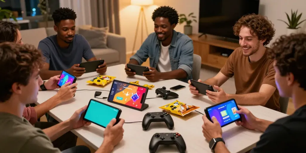 Players enjoying yono games on mobile devices in a cozy living room setting.