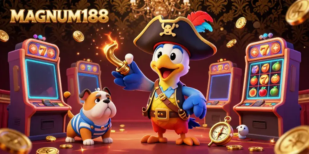 Experience the excitement of MAGNUM188 with vibrant casino scenes featuring pirates, bulldogs, and cats.