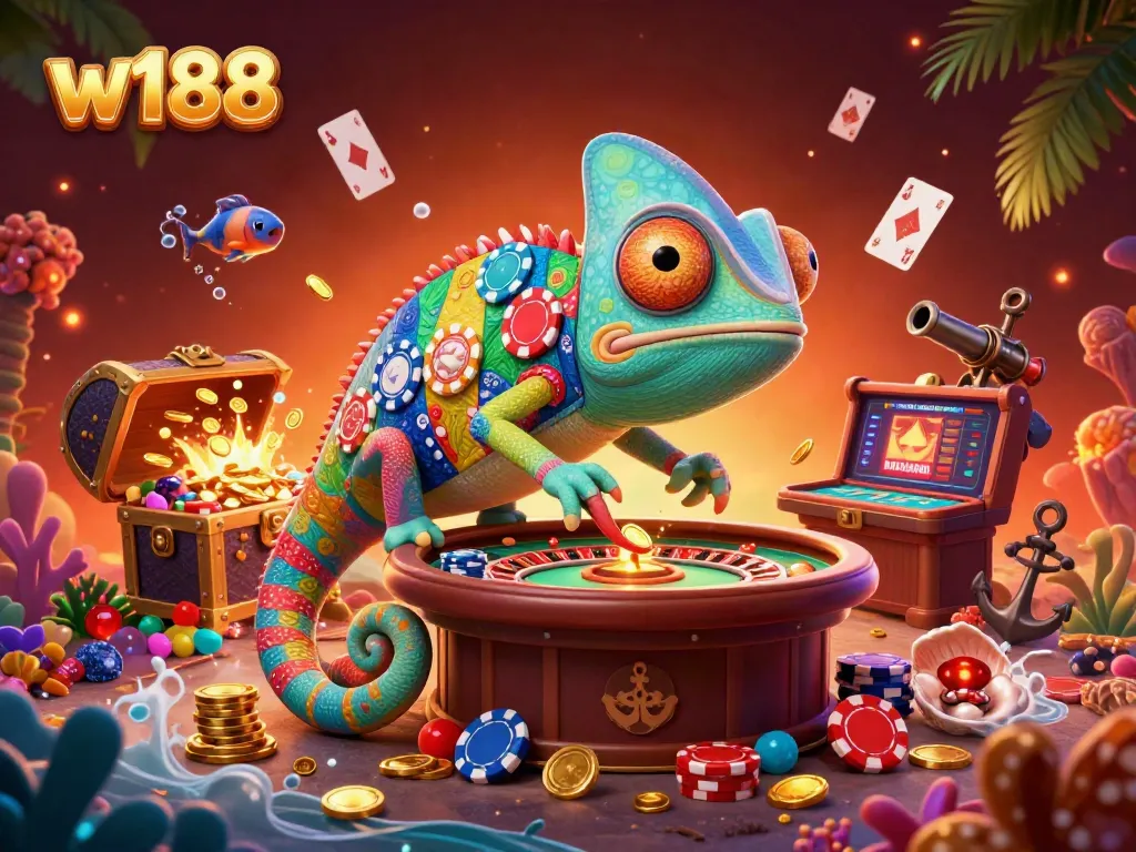 Engage with thrilling w188 casino experience featuring a vibrant 3D chameleon owner enjoying the game atmosphere.