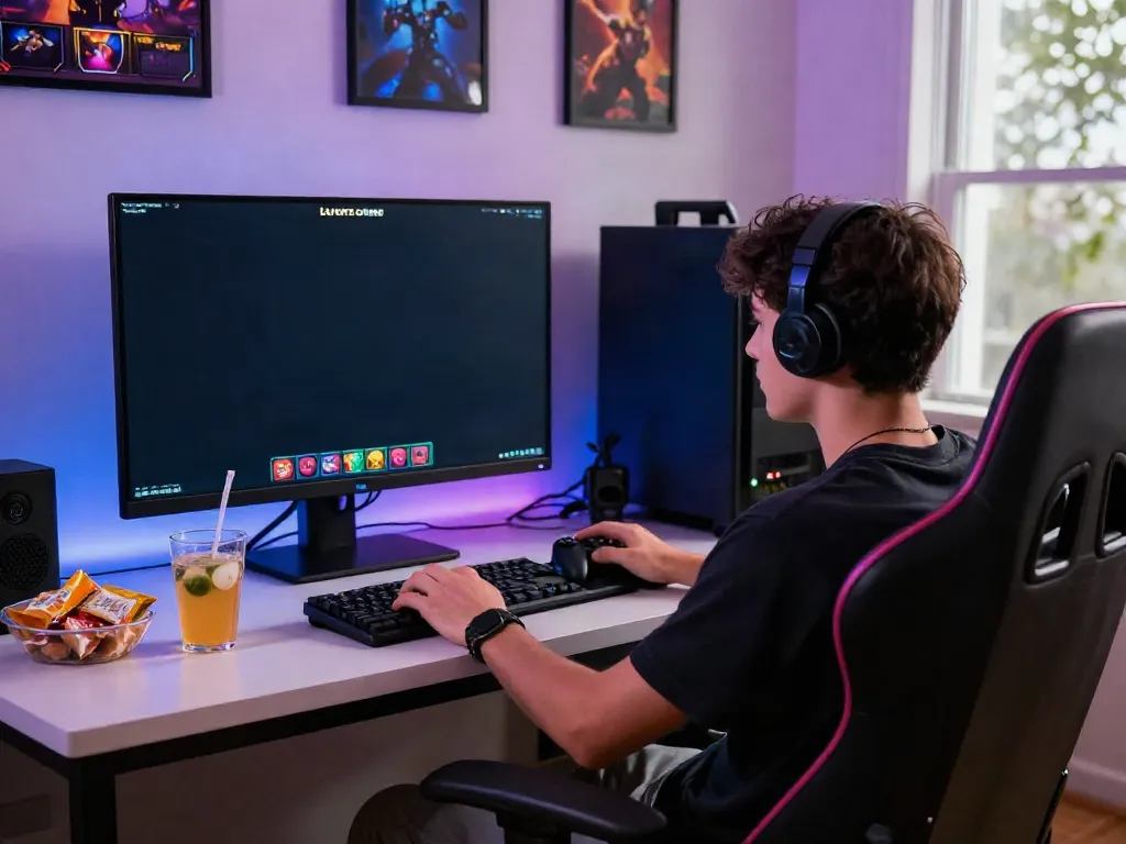 Interactive gaming scene with luxury12 slot on screen and snacks nearby.