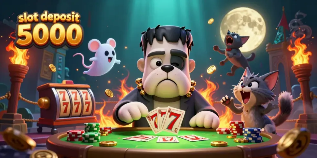Experience high-stakes action with slot deposit 5000 featuring vibrant characters in a dynamic casino setting.