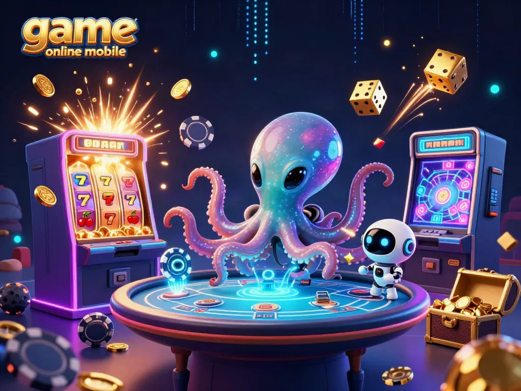 Permainan online mobile yang menampilkan karakter kartun alien dengan meja poker holografis dalam desain kasino futuristik.