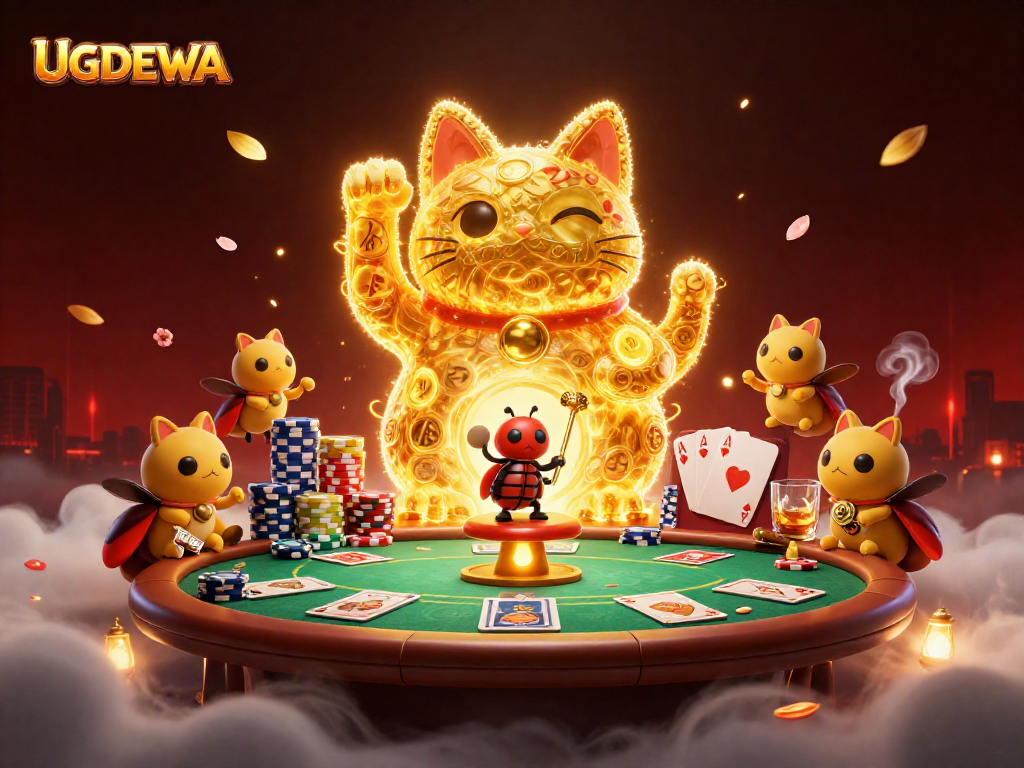 Engage with UGDEWA's vibrant casino scene featuring a lucky cat and poker elements.