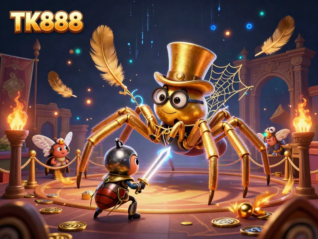 Experience thrilling play at TK888 with a golden tarantula and knight in a vibrant casino scene.