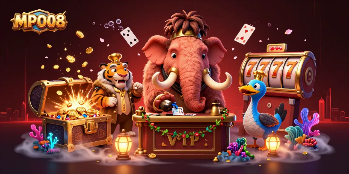 MPO08 presents a vibrant casino scene with a woolly mammoth bouncer and VIP saber-tooth tiger, surrounded by slot game elements.