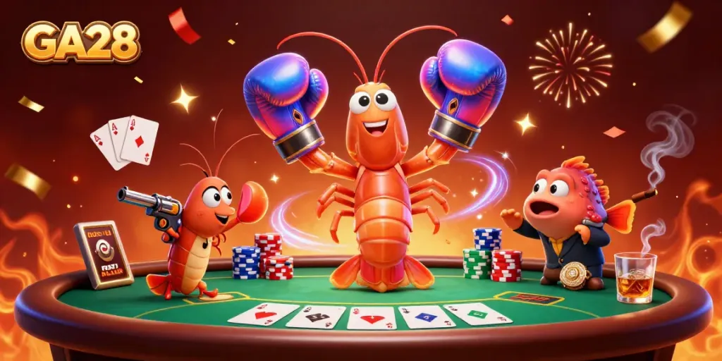 GA28 features a fierce mantis shrimp and sidekick at a vibrant poker scene, capturing excitement and strategy.