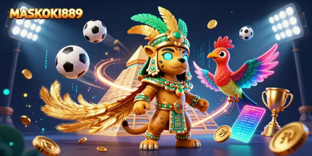 Watch an enchanting jaguar priest and quetzal bird celebrate MASKOKI889 in an electrifying gaming scene.