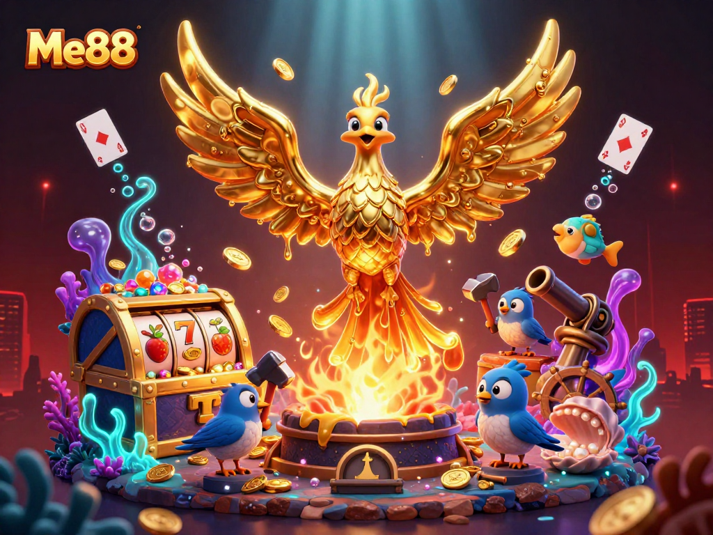 Experience winning strategies at Me88 with a vibrant golden phoenix and exciting casino elements.