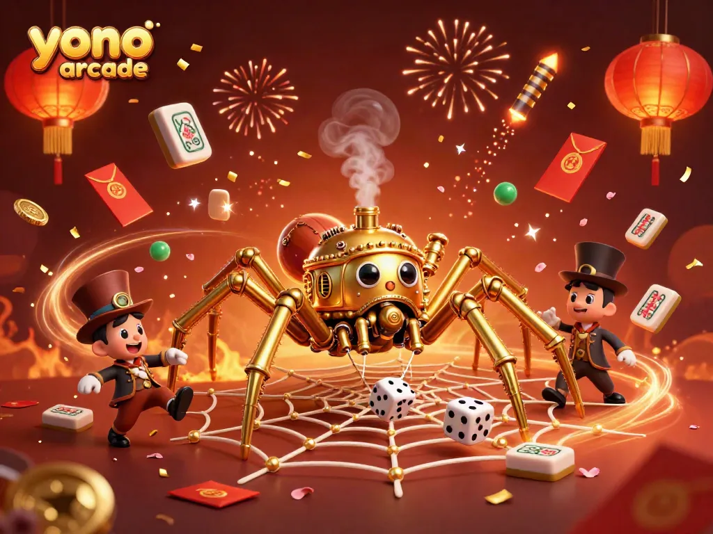 Engage with the thrilling games of Yono Arcade in a vibrant steampunk-themed digital illustration.