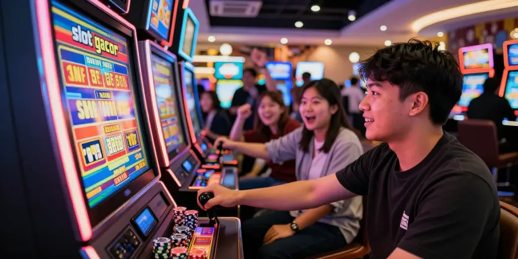 Player engaged at a slot gacor machine in a vibrant casino