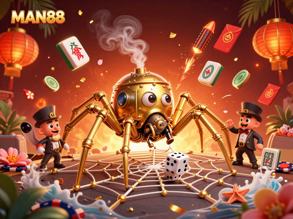 Experience thriving gameplay at MAN88 with dynamic golden spider mechanics in an enchanting casino setup.