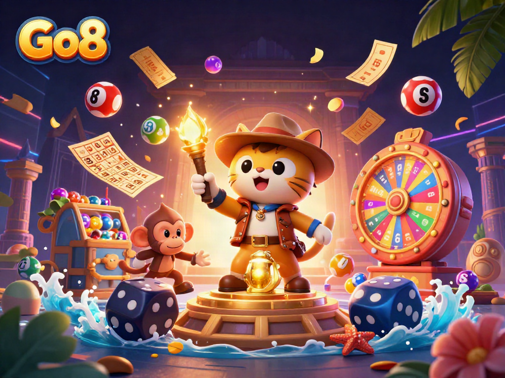 Go8 casino adventure with an exploring cat and monkey amidst dynamic lottery and prize elements.
