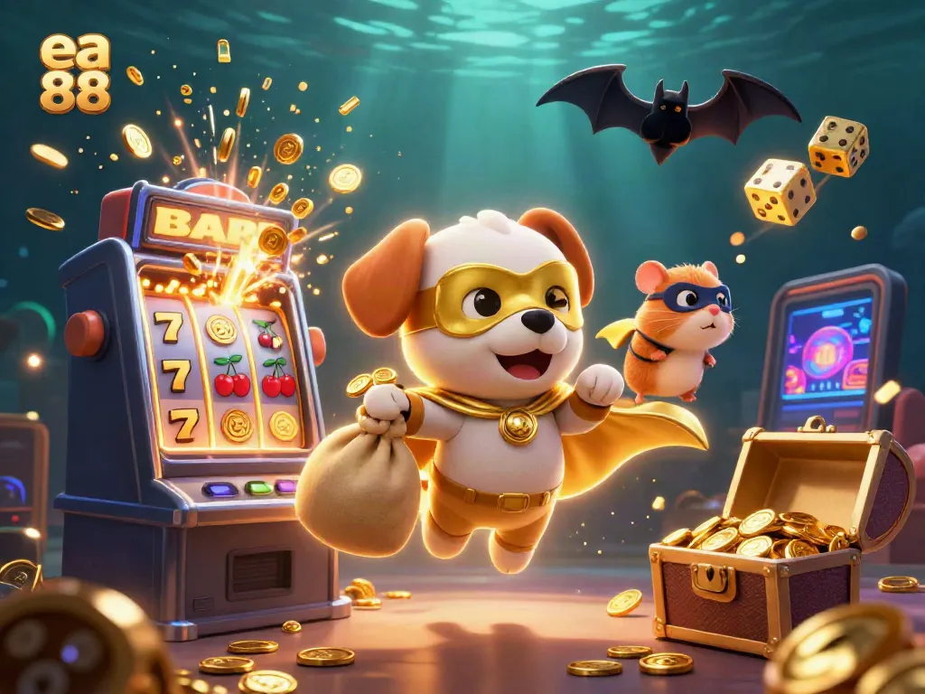Engage with the vibrant world of ea 88 as the superhero dog soars with gold, among casino symbols and jackpot excitement.