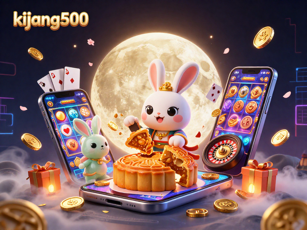 Experience exciting gambling adventures with kijang500, featuring a dynamic scene of a moon rabbit and casino elements.