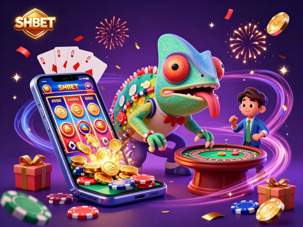 Feature SHBET chameleon capturing golden coins in a vibrant casino scene.