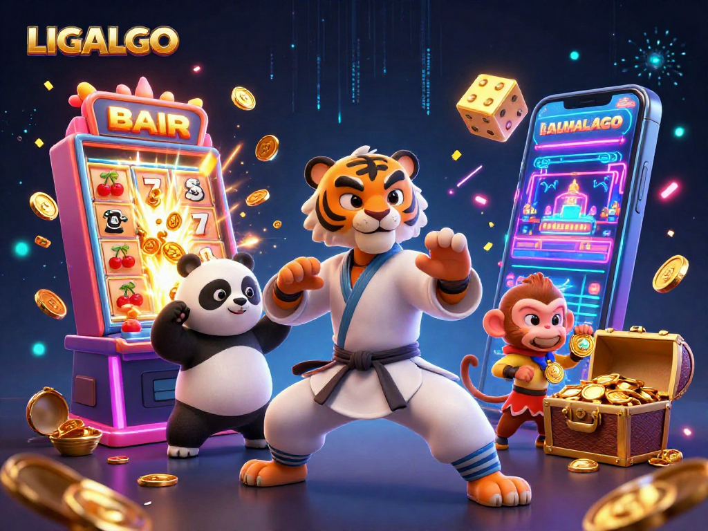 LIGALGO showcases an energetic scene with cartoon characters mastering gaming tactics amid gambling excitement.
