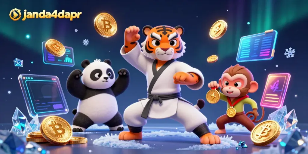 Menggandakan keseruan judi online di janda4dapr dengan ilustrasi karakter menarik dan elemen crypto yang berkilau.