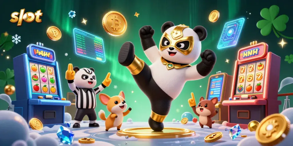 Engage with the latest slot action featuring a panda wrestler amidst vibrant casino elements.