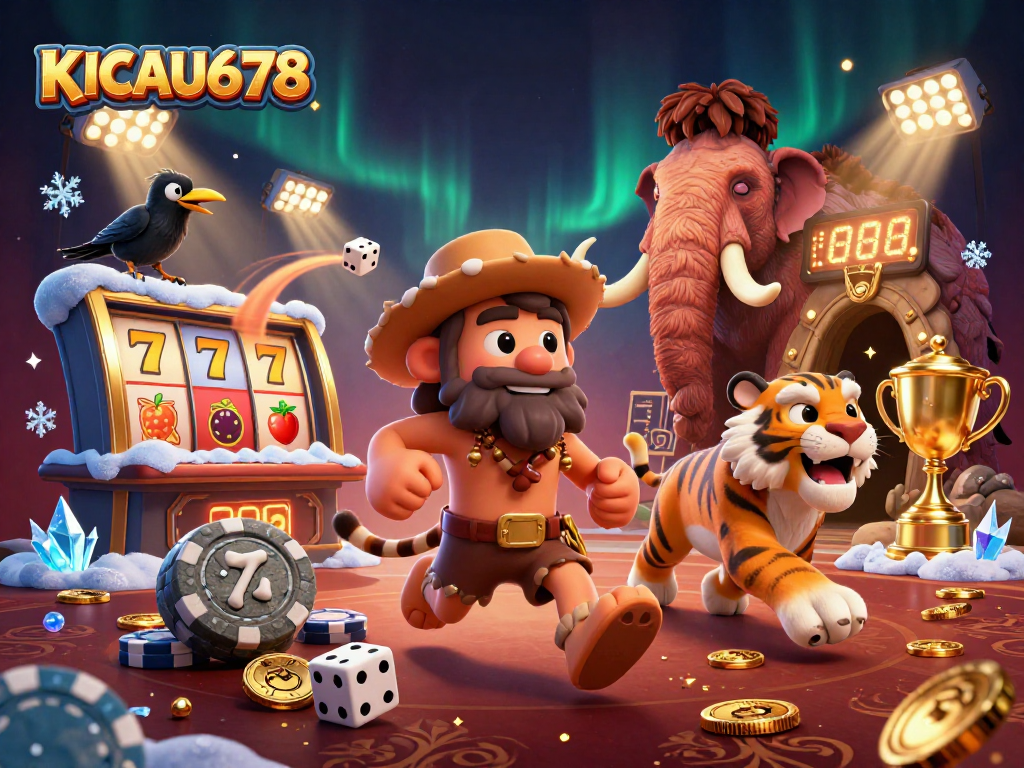 KICAU678 showcases a lively casino scene with vibrant slot elements and engaging characters.