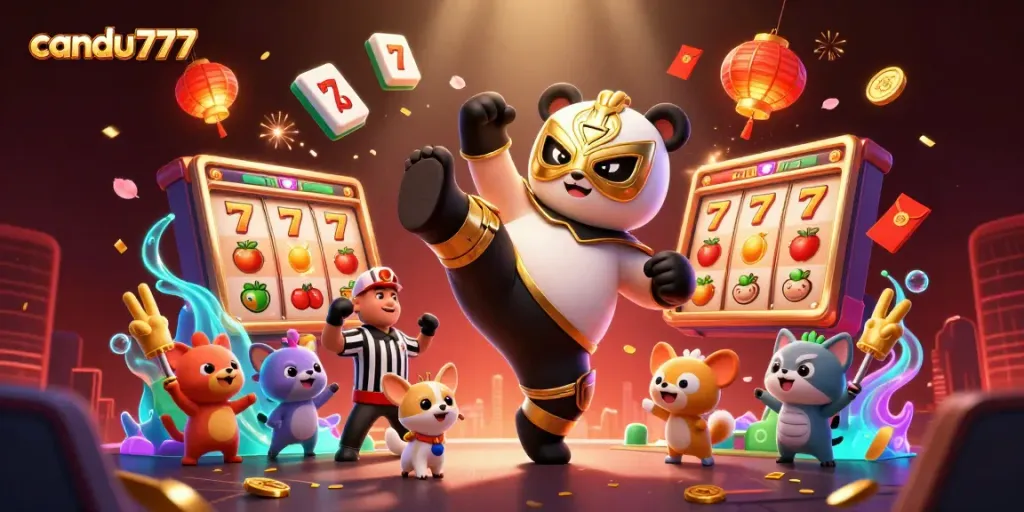 Permainan slot online candu777 dengan panda pegulat dan wasit chihuahua dalam suasana ceria