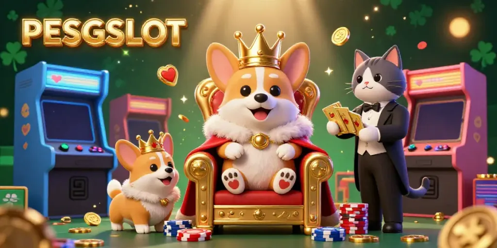 Permainan slot PESGSLOT yang meriah dengan raja corgi dan pelayan kucing, dikelilingi oleh mesin permainan.