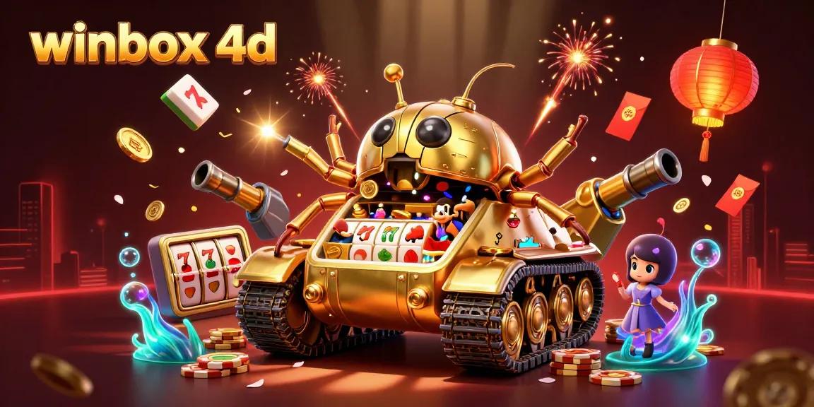 Winbox 4D showcases a vibrant casino scene with a golden beetle tank and slot reels.