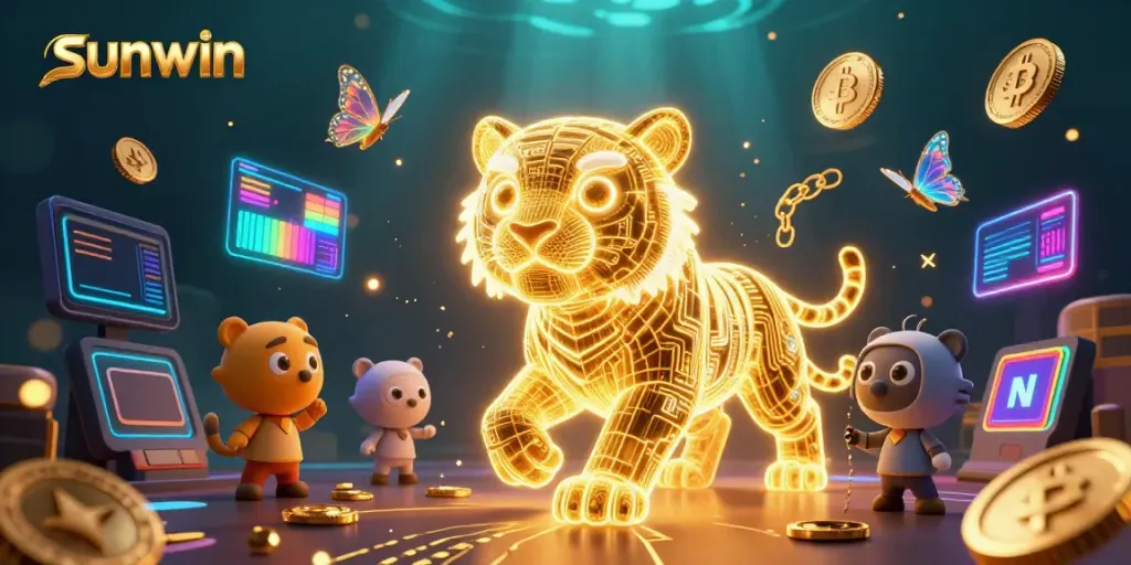 Explore the thrilling world of Sunwin, featuring a neon tiger and holographic butterflies in a dynamic digital casino landscape.