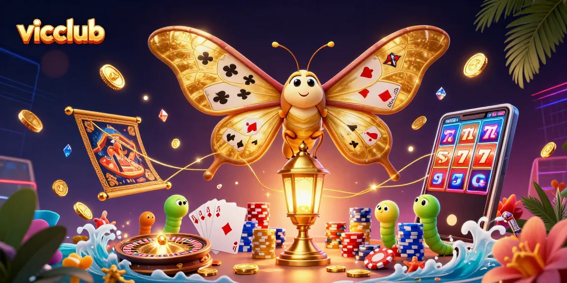Experience the excitement of vicclub with a vibrant 3D casino scene showcasing golden coins, cards, and a colorful moth.