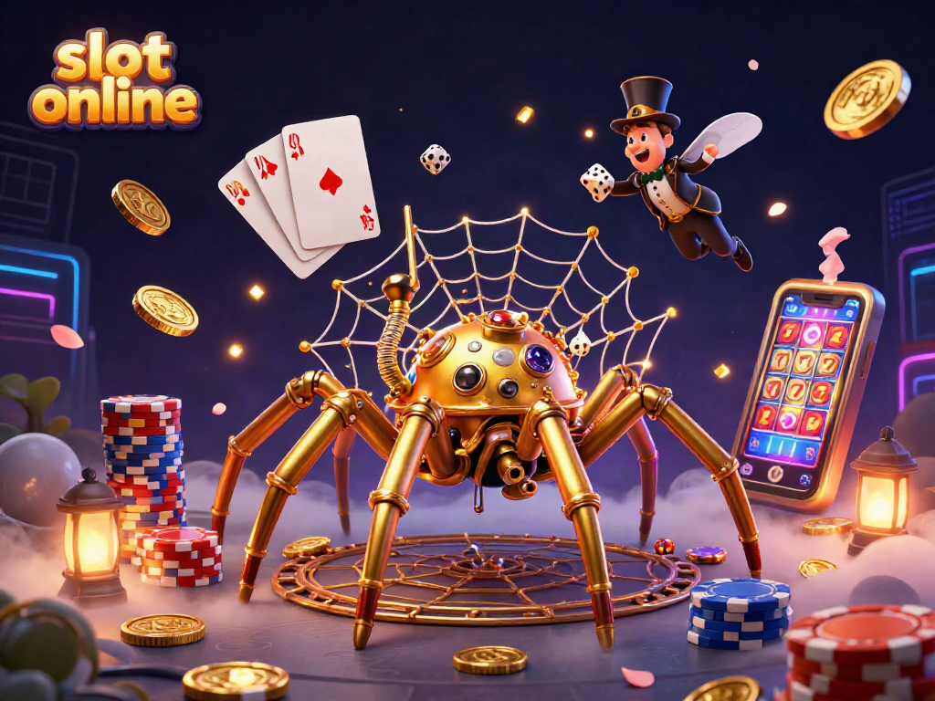 Engage with the vibrant slot online world, featuring a steampunk spider and classic casino gems.