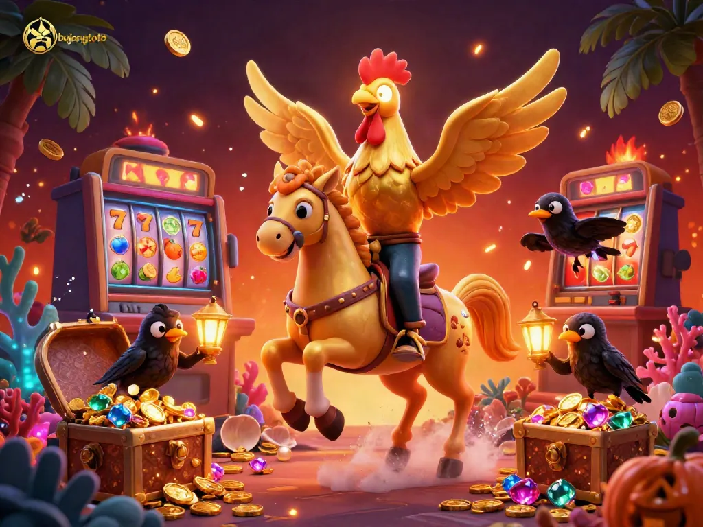 Bujangtoto showcases an exciting casino scene with a golden rooster, glowing treasures, and vibrant colors.