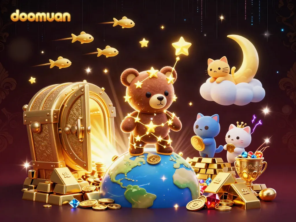 Experience thrilling gameplay with doomuan as the constellation bear scoops coins, against a dazzling casino backdrop.