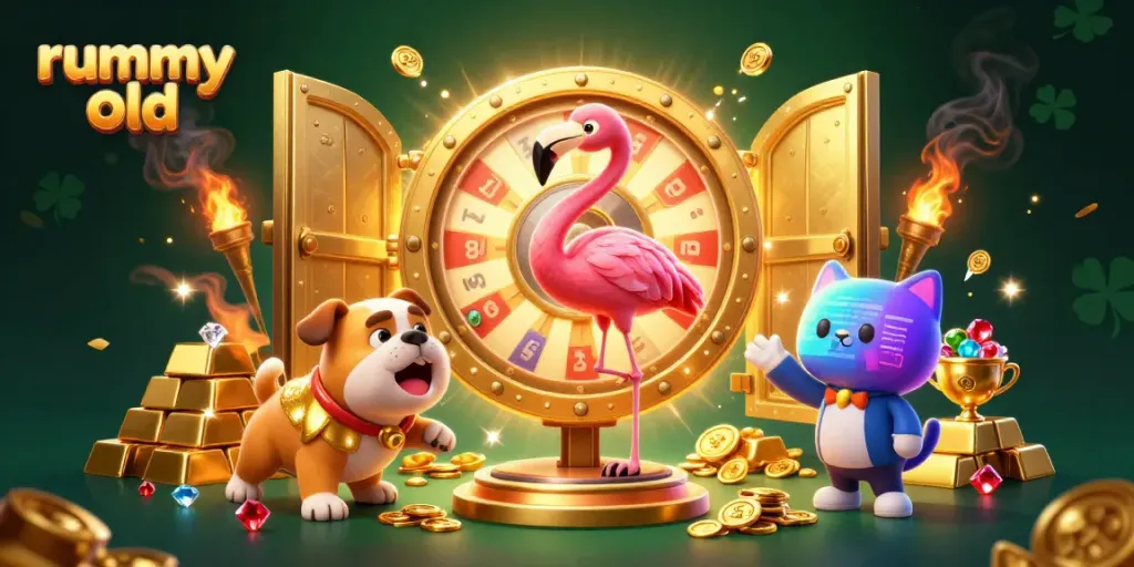 Experience the vibrant excitement of rummy old with game characters and treasures in an animated scene