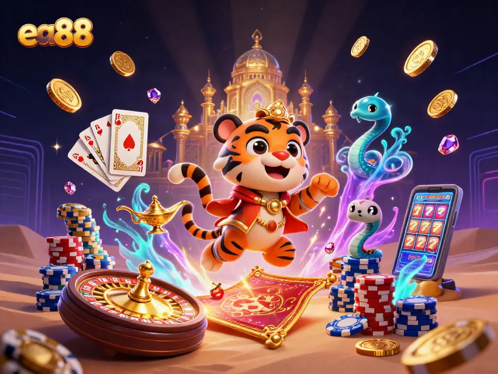 ea88 showcases an exciting Arabian Nights casino scene with vibrant elements and casino icons.