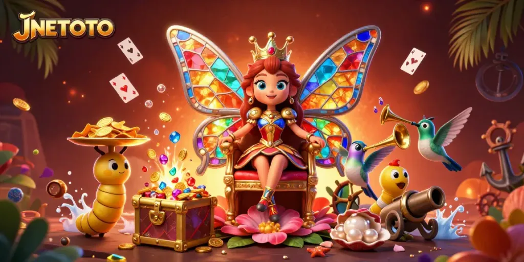 Join the excitement at JNETOTO with a vibrant casino scene featuring a butterfly queen and golden chips.