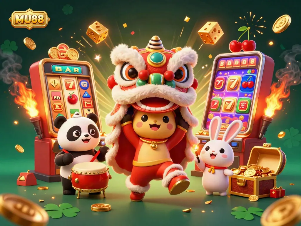 Experience MU88 with a vibrant 3D illustration showcasing a festive lion dance amid casino-themed elements.
