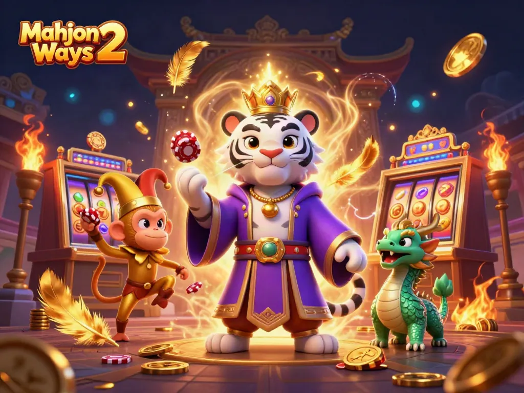 Engage with Mahjong Ways 2, illustrated with a white tiger and golden monkey amid vibrant casino elements.