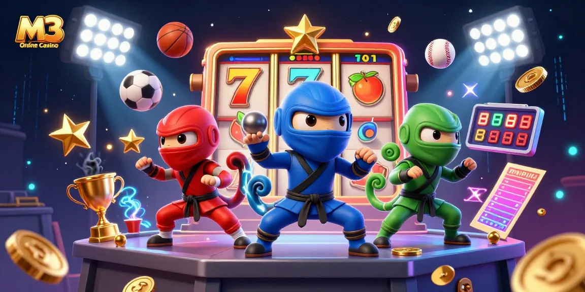 M3 Online Casino features dynamic gaming with a 3D ninja chameleon team in vibrant action.