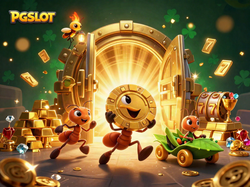 Win big with PG SLOT as animated ants heist treasures amidst slots and gems.