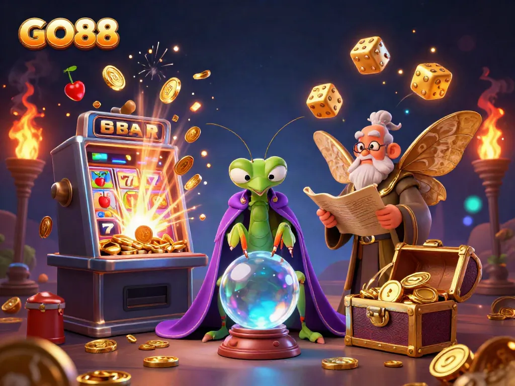 Experience the magic of GO88 with this dynamic casino-themed 3D artwork featuring vibrant characters and slot machines.