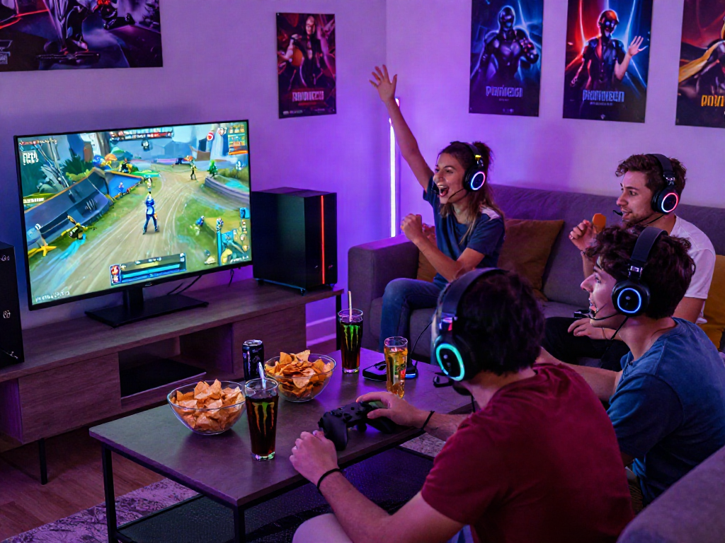 Friends enjoying a gaming night on Playinexch with snacks and LED lights