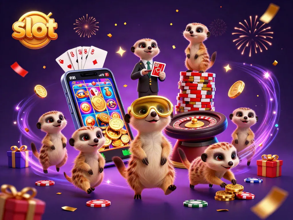 Engage in thrilling slot action amidst a lively meerkat casino scene
