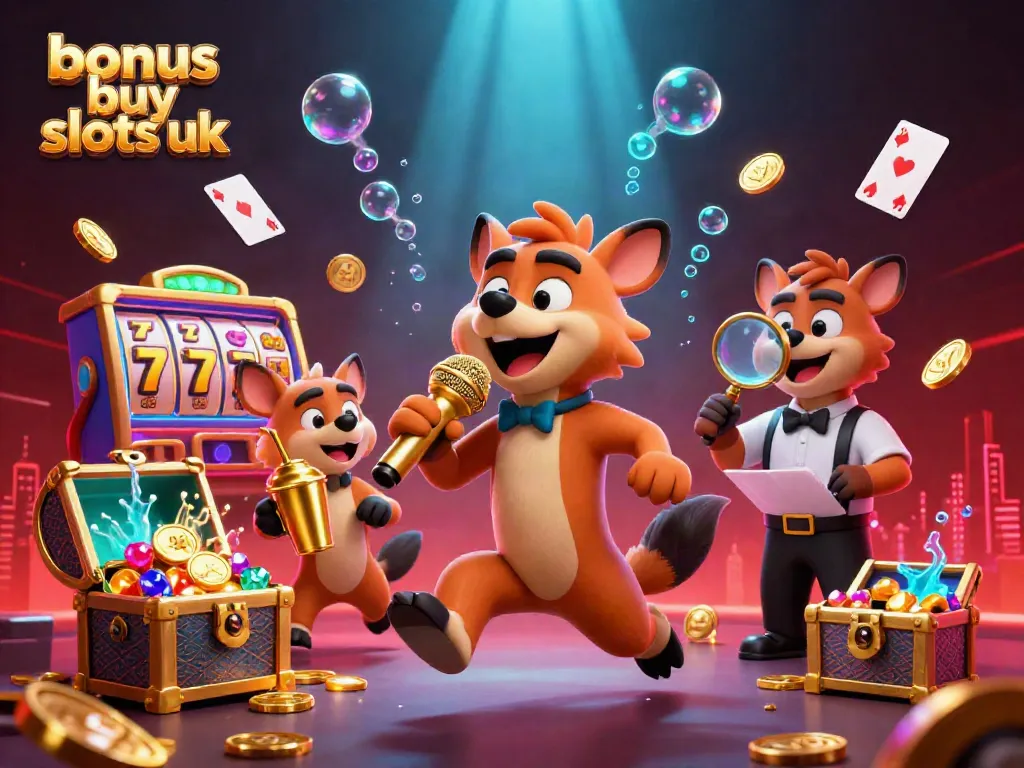 Hyenas in a comedy casino featuring bonus buy slots uk, surrounded by gold coins and vibrant casino elements.