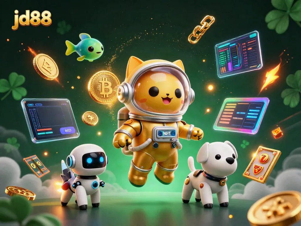 Experience the excitement of jd88 with a playful astronaut cat and robot dog in a vivid casino scene.