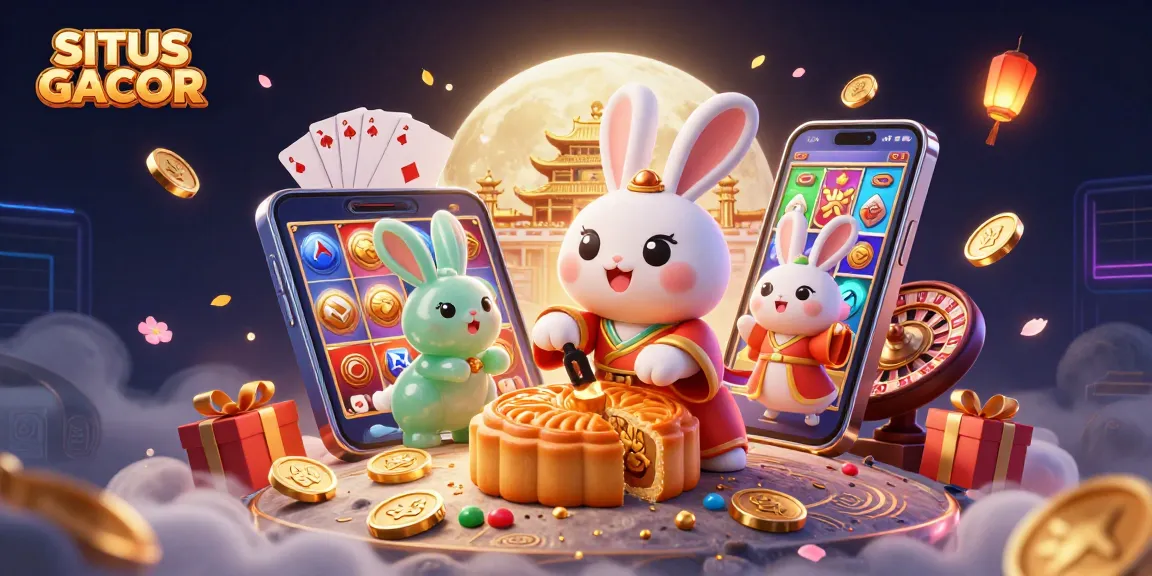 Engage with SITUS GACOR as a moon rabbit reveals poker chips in a captivating 3D casino scene.