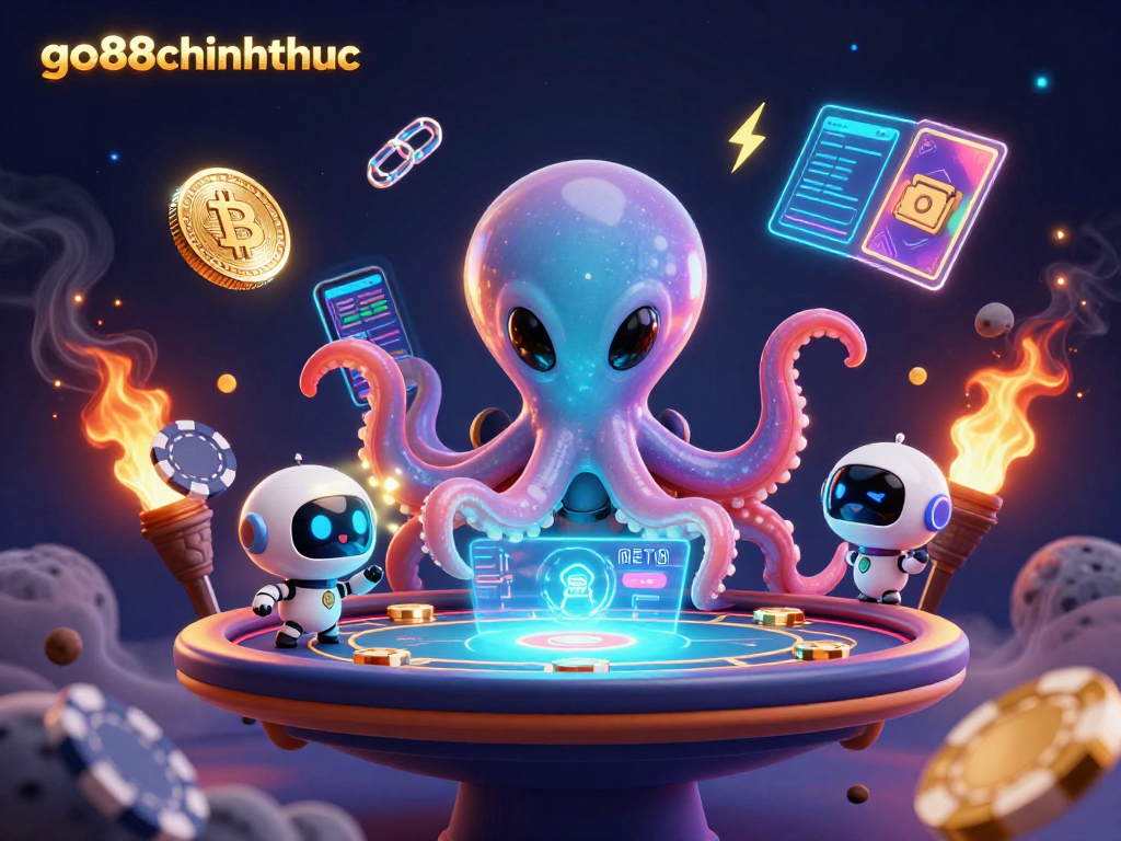 Engage in go88chinhthuc with a vibrant cosmic poker scene featuring an octopus and robot.