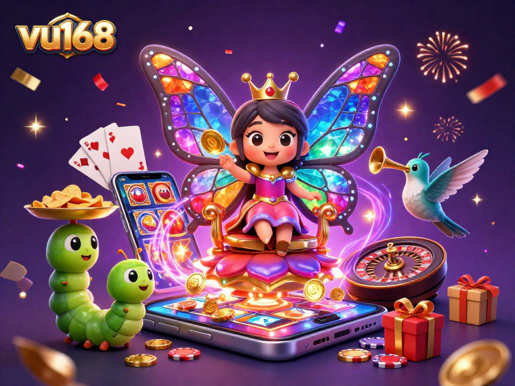 Bet on vu168 for a vibrant gaming experience featuring colorful slots and celebratory characters.