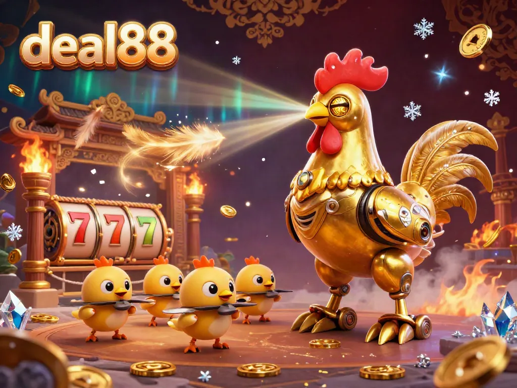 Engage with the deal88 gaming experience featuring a golden rooster robot and baby chick drones amidst a vibrant casino atmosphere.
