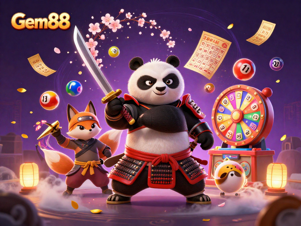 Engage in thrilling Gem88 lottery games with a vibrant 3D scene of a samurai panda, ninja fox, and magical tanuki.